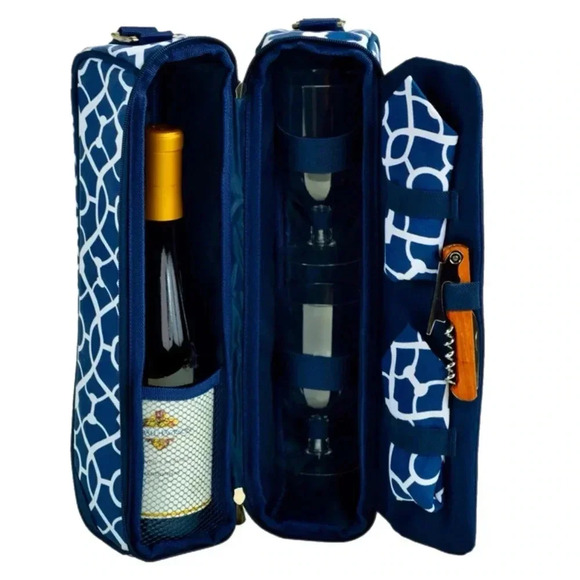 NWOT PICNIC AT ASCOT Wine for 2 Insulated Bag Carrier Navy Shoulder Strap Travel - Picture 1 of 8